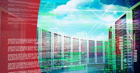 Network of connections over multiple computer servers against red technology Stock Illustration