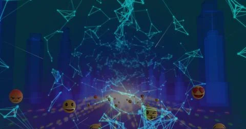 Network of connections over multiple face emojis against 3D city model Stock Illustration