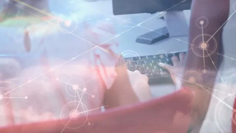 Network of connections over rear view of diverse students using computer at Stock Footage 329691515