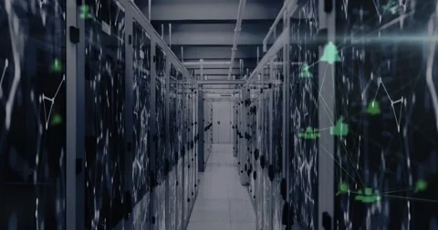 Network of connections over screens of multiple computer servers in a room Stock Footage 329030460