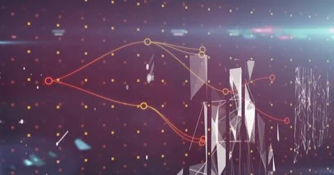 Network of connections over screens of plexus network against red background Stock Illustration