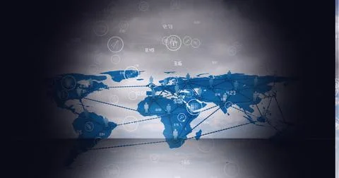 Network of connections over world map against grey background Ilustração Stock