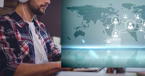 Network of connections over world map against mid section of man using computer Fotos de archivo