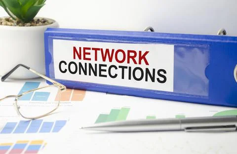 Network Connections - text concept on blue file folder and charts Stock Photos