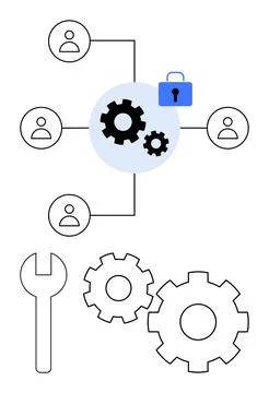 Network connectivity and security concept with gears, lock, wrench, and use.. イラスト素材