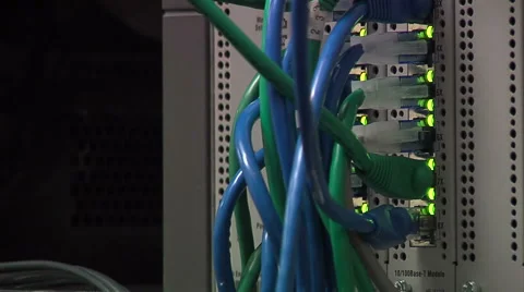 Network cords connected, lights blinking Stock Footage 49864595