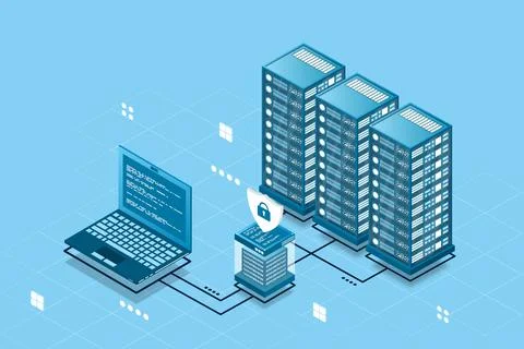 Network cyber security isometric vector illustration. Online server protectio Stock Illustration