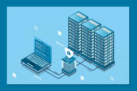 Network cyber security isometric vector illustration. Online server protectio Stock Illustration