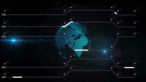 Network dashboard showing 3D dotted Earth globe rotating, orbit lines Stock Footage 309282415
