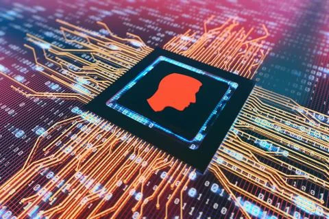 Network data circuit board and human head, intelligent core electronics Stock Illustration