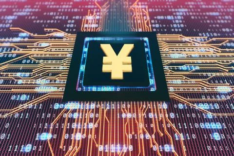 Network data circuit board and RMB symbol, smart core electronics Illustrazione stock