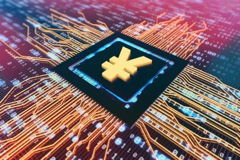 Network data circuit board and RMB symbol, smart core electronics Illustrazione stock