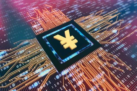 Network data circuit board and RMB symbol, smart core electronics Illustrazione stock