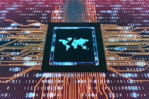 Network data circuit board and world map, smart core electronics Illustrazione stock