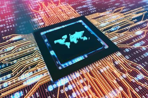 Network data circuit board and world map, smart core electronics 스톡 일러스트