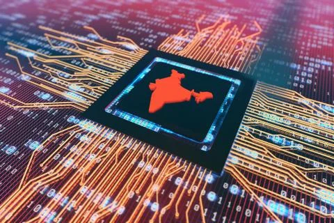 Network data circuit board and India map, smart core electronics Illustrazione stock