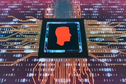Network data circuit board and human head, intelligent core electronics Illustrazione stock