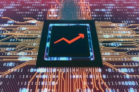 Network data circuit board with arrows, smart core electronics Illustrazione stock