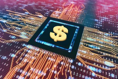 Network data circuit board with dollar sign, smart core electronics Illustrazione stock