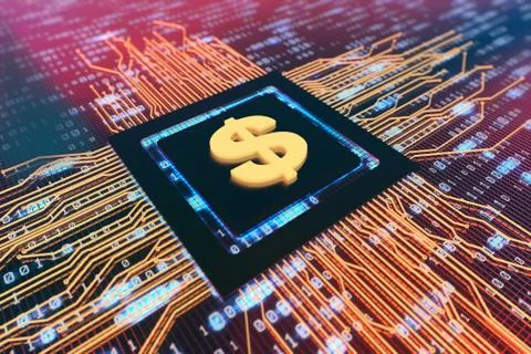 Network data circuit board with dollar sign, smart core electronics Illustrazione stock