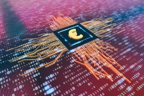 Network data circuit board with euro symbol, smart core electronics Illustrazione stock