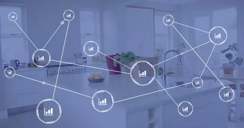 Network of data connections image over modern kitchen with groceries on counter Stock Photos