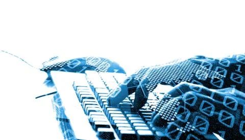 Network data encoding and hands typing on keyboard Illustration