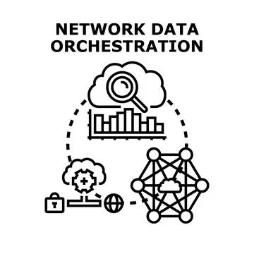 Network data orchestration automation concept linking cloud services Illustrazione stock