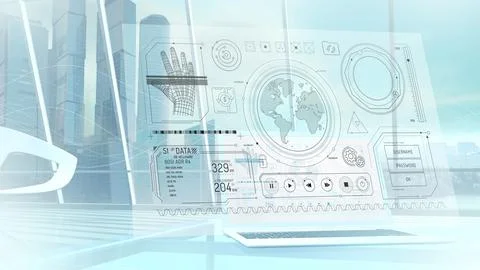 Network data protection infographic on virtual screen. Illustrazione stock