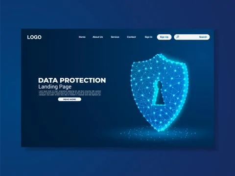 Network data protection technology landing page, blue interface, vector Stock Illustration