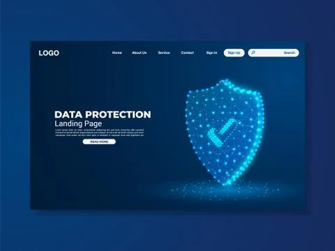Network data protection technology landing page, blue interface, vector Stock Illustration