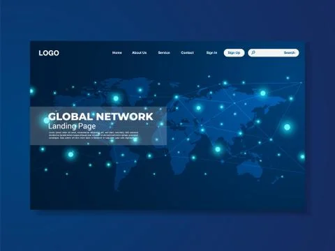 Network data protection technology landing page, blue interface, vector Stock Illustration