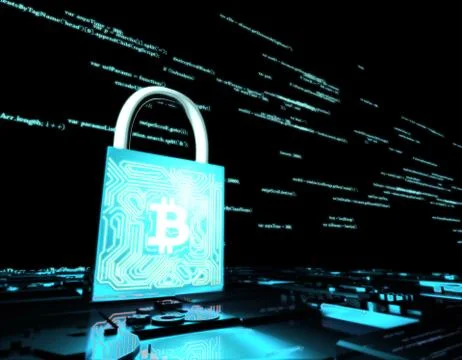 Network data transmission and lock, bitcoin, security protection Illustrazione stock