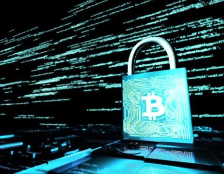 Network data transmission and lock, bitcoin, security protection Illustrazione stock