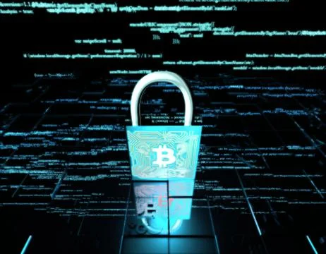 Network data transmission and lock, bitcoin, security protection Illustrazione stock