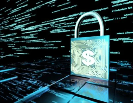 Network data transmission and lock, dollars, security protection Illustrazione stock