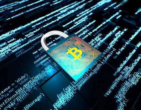 Network data transmission and lock, bitcoin, security protection Illustrazione stock