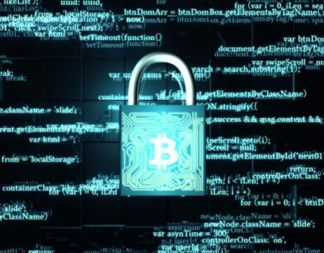 Network data transmission and lock, bitcoin, security protection Illustrazione stock