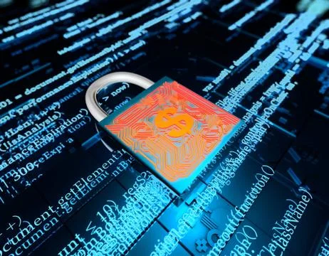 Network data transmission and lock, dollars, security protection Illustrazione stock