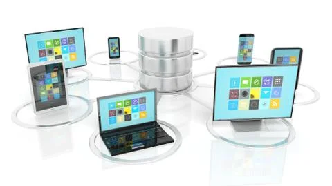 Network database and communication devices icons isolated on white background Illustrazione stock