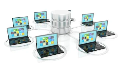 Network database and laptop icons isolated on white background.. Stock Illustration