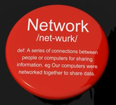 Network definition button showing system of computers or people connected Illustrazione stock