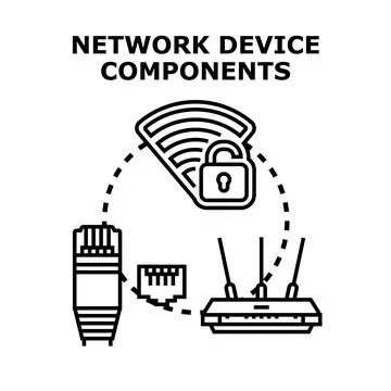 Network device components connecting, securing wireless technology Stock Illustration