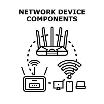 Network device components connecting various digital gadgets Stock Illustration