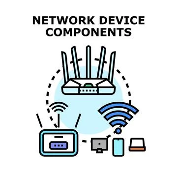 Network device components connecting various digital gadgets Stock Illustration