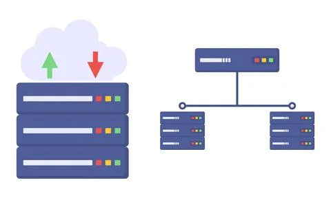 Network Diagram Cloud Server Infrastructure with Data Transfer Arrows and C.. 스톡 일러스트