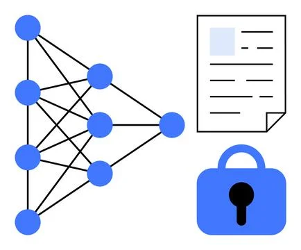 Network Diagram with Document and Security Symbol Representations Illustrazione stock