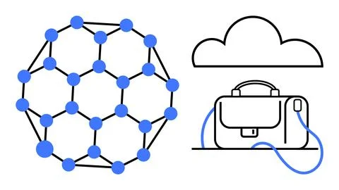 Network diagram of interconnected blue nodes, adjacent to a cloud icon and a  Illustrazione stock