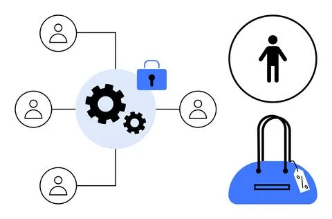 Network diagram with user icons connected by lines to central gears, blue sec Stock Illustration