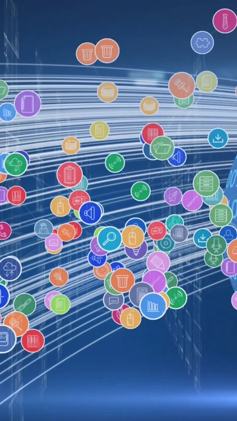 Network of digital icons against binary coding on globe against light trails on 스톡 동영상 343738700
